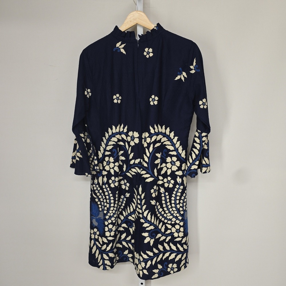 Bali Lestari Navy Blue Batik Floral Bird Print Bell Sleeve Mini Dress Large - Picture 2 of 8